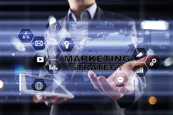 Marketing strategy concept on virtual screen. Internet, advertising and digital technology concept. Sales growth. — Stock Photo, Image