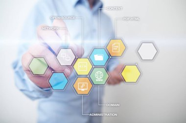 CMS içerik yönetim sistemi uygulamaları simgeleri sanal ekran. İş, internet ve teknoloji kavramı.