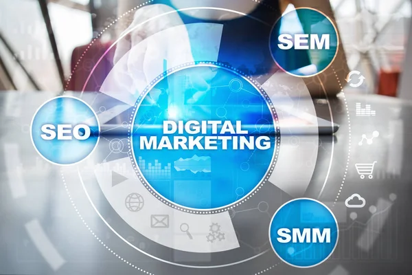 数码营销技术理念。互联网.在线.搜索引擎优化。seo.Smm 广告. — 图库照片