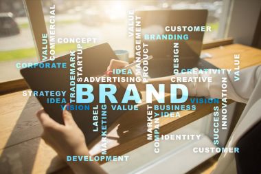 Marka kavramı sanal ekran üzerinde. İş kavramı. Kelime bulutu.