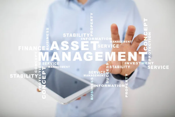 Asset management on the virtual screen. Business concept. Words cloud.