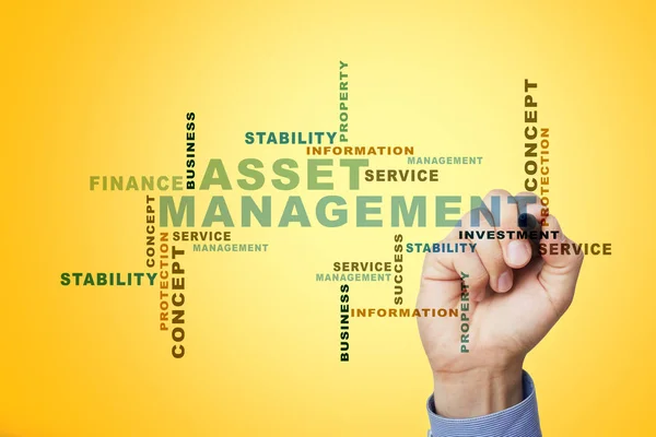 Asset management, wirtualnego ekranu. Koncepcja biznesowa. Chmura słów. — Zdjęcie stockowe