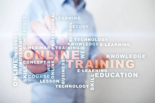 Online training on the virtual screen. Education concept. Words cloud. — Stock Photo, Image