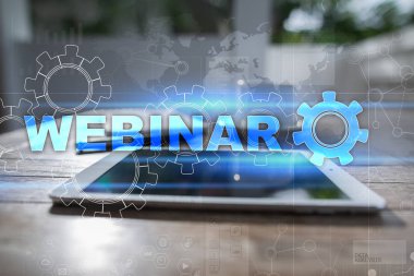 Webinar. E-eğitim, Online Eğitim kavramı. Kişisel gelişim. Sanal ekran.