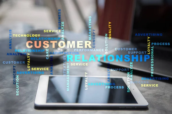 Müşteri ilişkisi yönetimi kavramı sanal ekran üzerinde. Kelime bulutu.