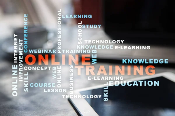 Online training on the virtual screen. Education concept. Words cloud.