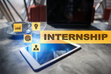 Sanal ekran staj metni. İş, eğitim ve Internet kavramı. 