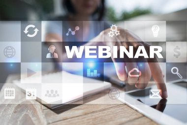Webinar. E-eğitim, Online Eğitim kavramı. Kişisel gelişim. Sanal ekran.