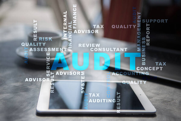 Audit business concept. Auditor. Compliance. Virtual screen technology. Words cloud.
