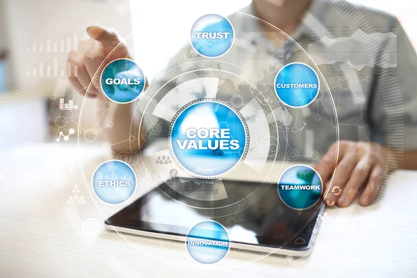 Πυρήνας αξιών επιχειρήσεων και της τεχνολογίας έννοια στην εικονική οθόνη. — Φωτογραφία Αρχείου
