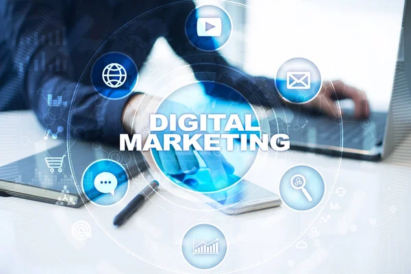 Concetto di tecnologia di marketing digitale. Internet. In linea. Ottimizzazione dei motori di ricerca. SEO. SMM. Pubblicità . — Foto Stock