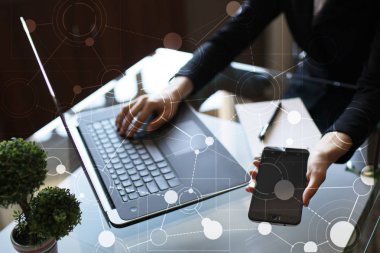 Metin, sanal ekran arka plan ile kutsal kişilerin resmi için şablon. İş, internet teknoloji ve ağ kavramı.