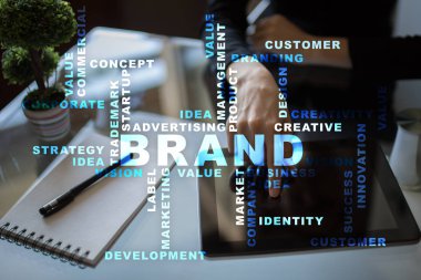 Marka kavramı sanal ekran üzerinde. İş kavramı. Kelime bulutu.