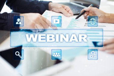 Webinar. E-eğitim, Online Eğitim kavramı. Kişisel gelişim. Sanal ekran.