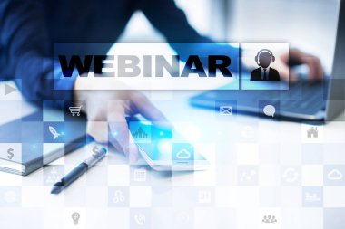 Webinar. E-eğitim, Online Eğitim kavramı. Kişisel gelişim. Sanal ekran.