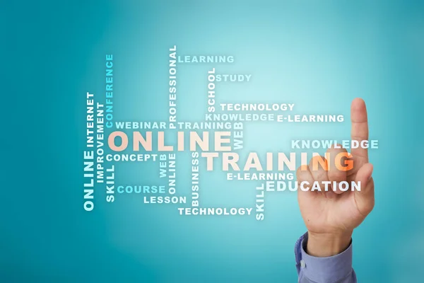 Онлайн-навчання на віртуальному екрані. Концепція освіти. Хмара слів . — стокове фото