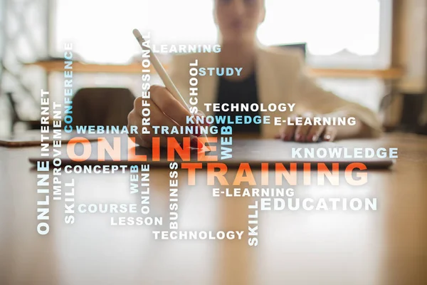 Online training on the virtual screen. Education concept. Words cloud. — Stock Photo, Image