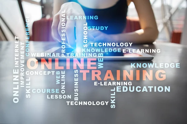 Szkolenia online na ekranie wirtualnych. Koncepcja edukacji. Chmura słów. — Zdjęcie stockowe
