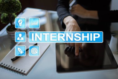 Sanal ekran staj metni. İş, eğitim ve Internet kavramı. 