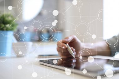 Metin, sanal ekran arka plan ile kutsal kişilerin resmi için şablon. İş, internet teknoloji ve ağ kavramı.
