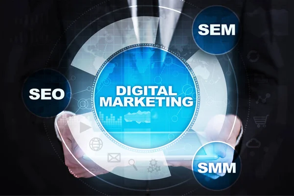 Digitale technologie marketingconcept. Internet. Online. Zoekmachineoptimalisatie. SEO. Smm. reclame. — Stockfoto