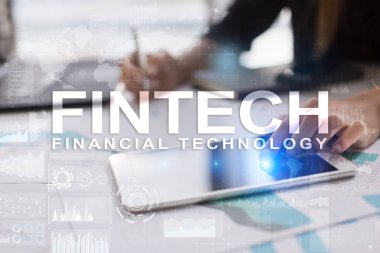 Fintech. Sanal ekran metni Finans teknolojileri. İş, internet ve teknoloji kavramı. 