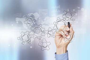 Dişliler, mekanizma tasarımı sanal ekranda. En düşük CAD sistemleri. İş, sanayi ve teknoloji kavramı.