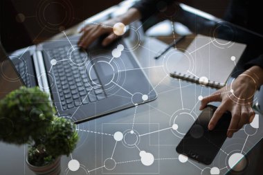 Metin, sanal ekran arka plan ile kutsal kişilerin resmi için şablon. İş, internet teknoloji ve ağ kavramı.