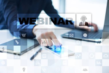 Webinar. E-eğitim, Online Eğitim kavramı. Kişisel gelişim. Sanal ekran.