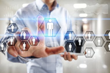 İnsan kaynakları yönetimi, insan kaynakları, işe alım, liderlik ve ekip oluşturma. İş ve teknoloji kavramı.