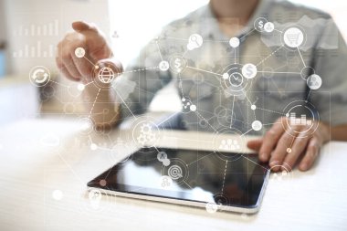 Metin, sanal ekran arka plan ile kutsal kişilerin resmi için şablon. İş, internet teknoloji ve ağ kavramı.