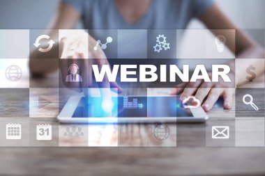 Webinar. E-eğitim, Online Eğitim kavramı. Kişisel gelişim. Sanal ekran.