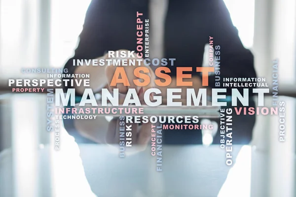 Asset management on the virtual screen. Business concept. Words cloud.