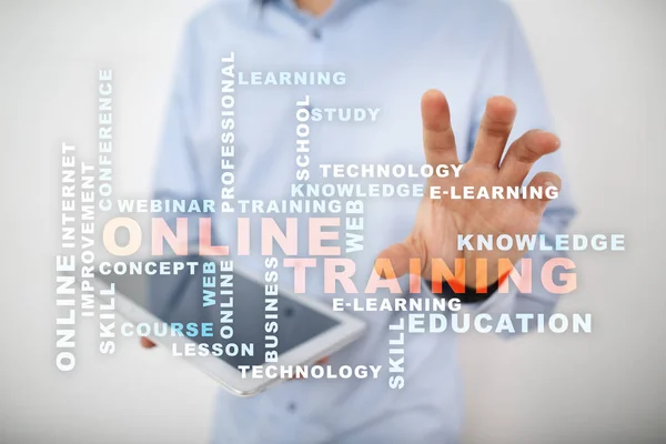 Online training on the virtual screen. Education concept. Words cloud. — Stock Photo, Image