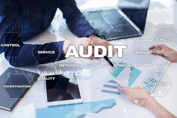 Audit business concept. Auditor. Compliance. Virtual screen technology.