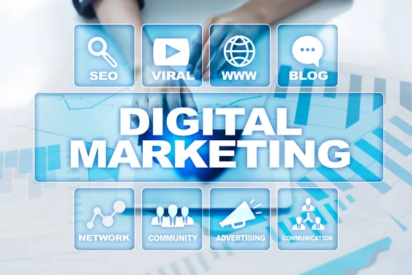 Concepto de tecnología de marketing DIgital. Internet. En línea. Optimización de motores de búsqueda. SEO. SMM. Publicidad . — Foto de Stock