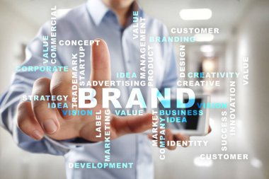 Marka kavramı sanal ekran üzerinde. İş kavramı. Kelime bulutu.