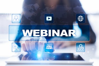 Webinar. E-eğitim, Online Eğitim kavramı. Kişisel gelişim. Sanal ekran.