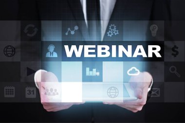 Webinar. E-eğitim, Online Eğitim kavramı. Kişisel gelişim. Sanal ekran.