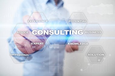 Danışmanlık iş kavramı. Metin ve sanal ekran simgeleri.