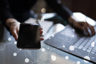 Metin, sanal ekran arka plan ile kutsal kişilerin resmi için şablon. İş, internet teknoloji ve ağ kavramı.