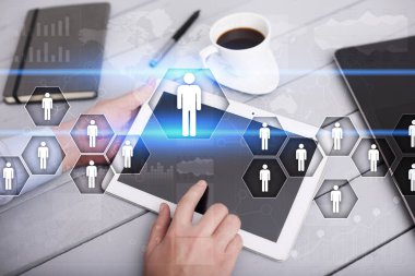 İnsan kaynakları yönetimi, insan kaynakları, işe alım, liderlik ve ekip oluşturma. İş ve teknoloji kavramı.