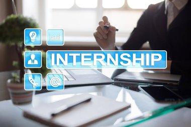 Sanal ekran staj metni. İş, eğitim ve Internet kavramı. 