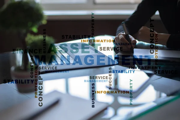 Asset management on the virtual screen. Business concept. Words cloud. — Stock Photo, Image