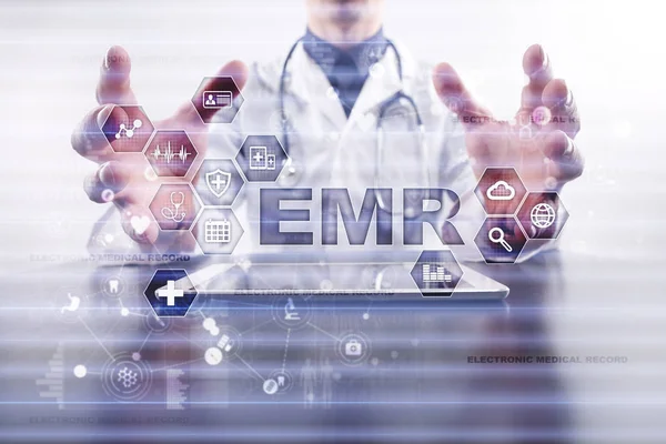 Electronic health record. EHR, EMR. Medicine and healthcare concept. Medical doctor working with modern pc.