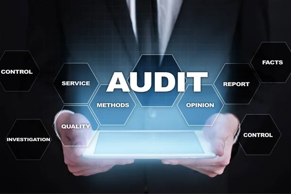 Audit business concept. Auditor. Compliance. Virtual screen technology.