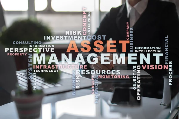 Asset management on the virtual screen. Business concept. Words cloud.