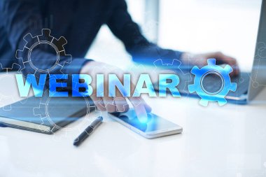 Webinar. E-eğitim, Online Eğitim kavramı. Kişisel gelişim. Sanal ekran.