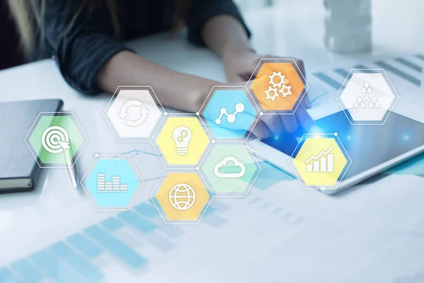 Colored applications icons and graphs on virtual screen. Business, internet and technology concept. — Stock Photo, Image