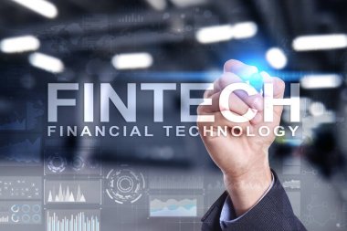Fintech. Sanal ekran metni Finans teknolojileri. İş, internet ve teknoloji kavramı. 